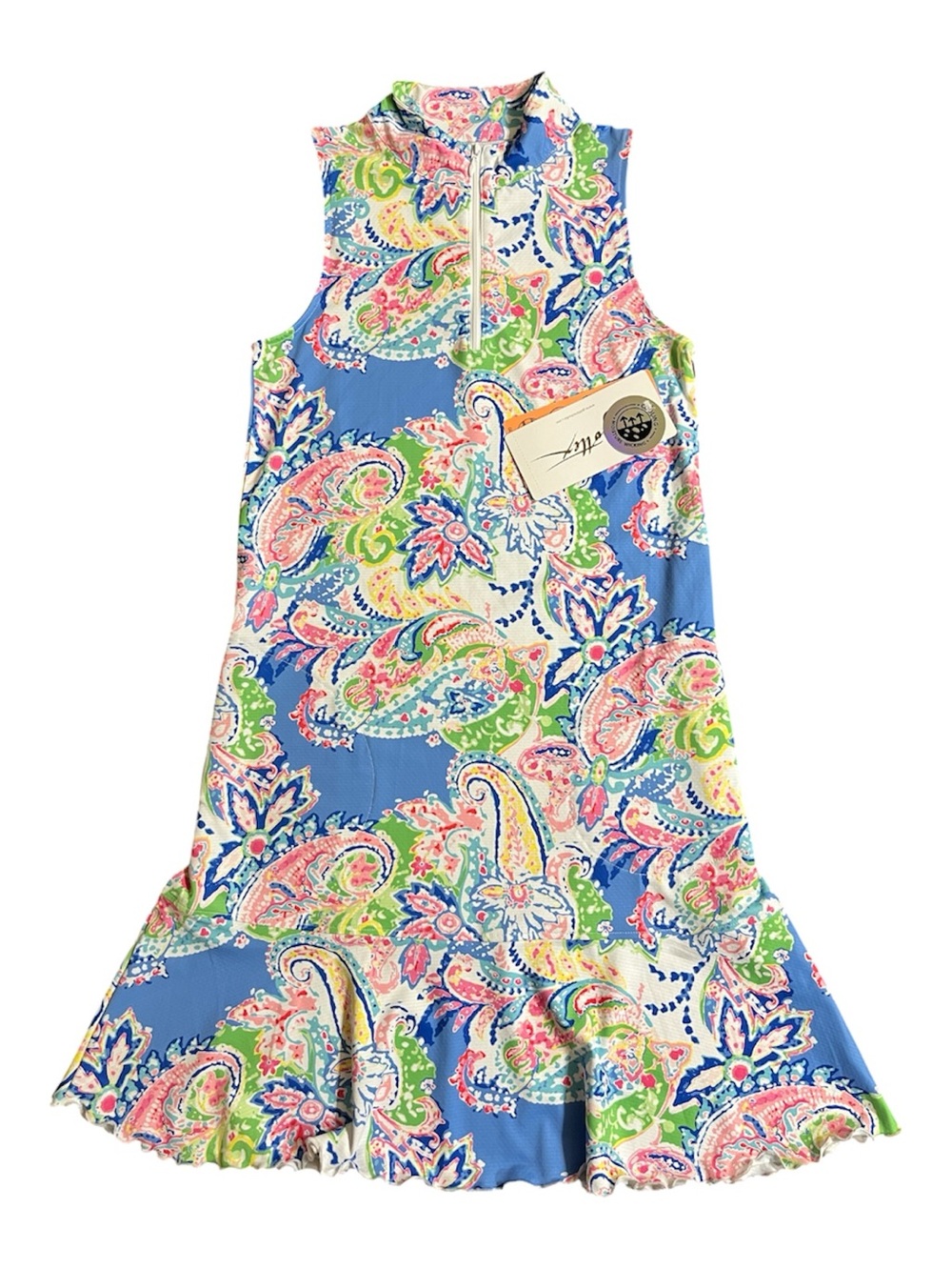 Gottex Blue Paisley Golf Tennis Quarter Zip Mock Neck Sleeveless Athletic Dress
